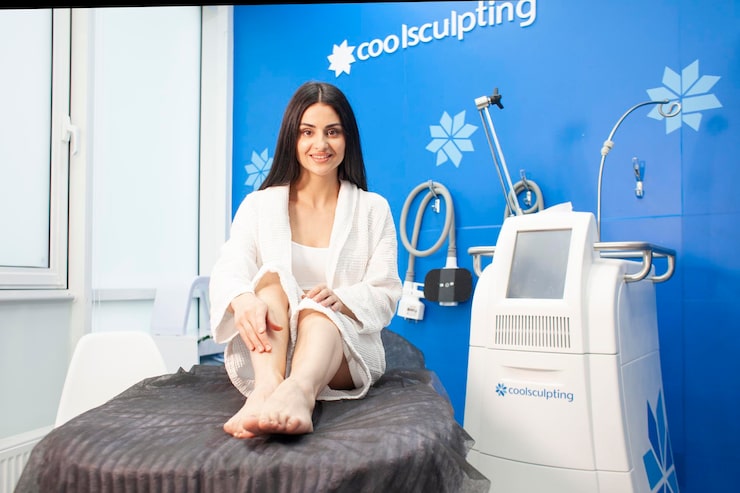 Woman smiling before CoolSculpting session in clinic with treatment machine displayed nearby