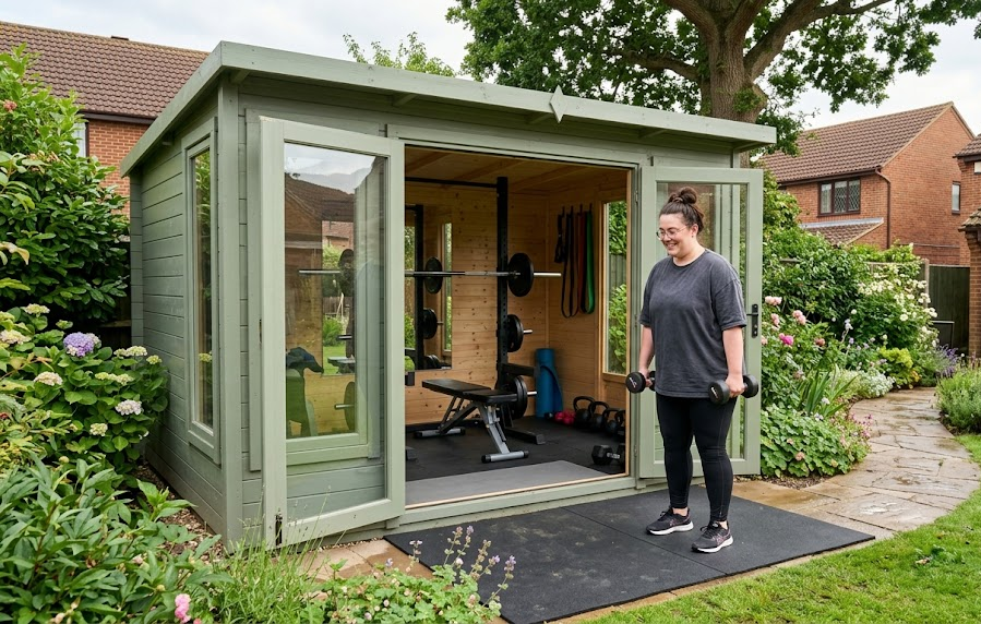 Outdoor garden gym with equipment, person practising strength training using dumbbells near a shed gym setup