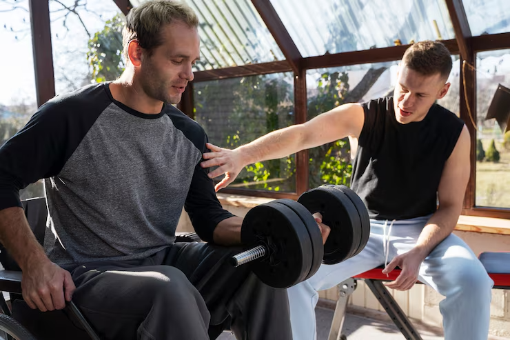 Man in wheelchair lifting dumbbell with trainer's support in sunlit gym setting